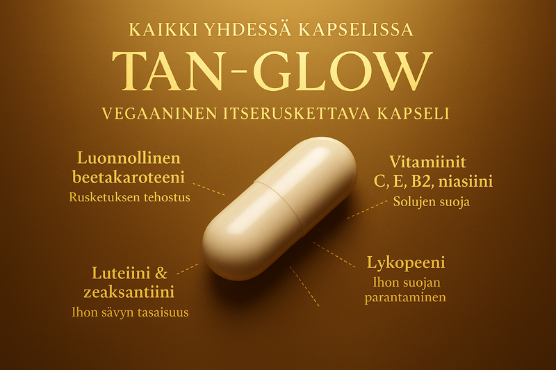 TAN-GLOW tuotekuva - Kultainen tausta korjatulla tekstillä